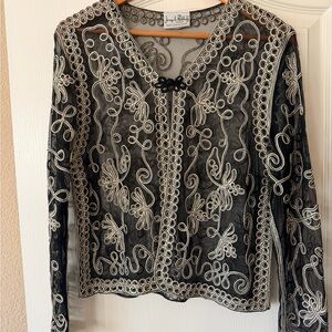 Joseph Ribkoff Black Mesh Jacket with Cream Embroidery